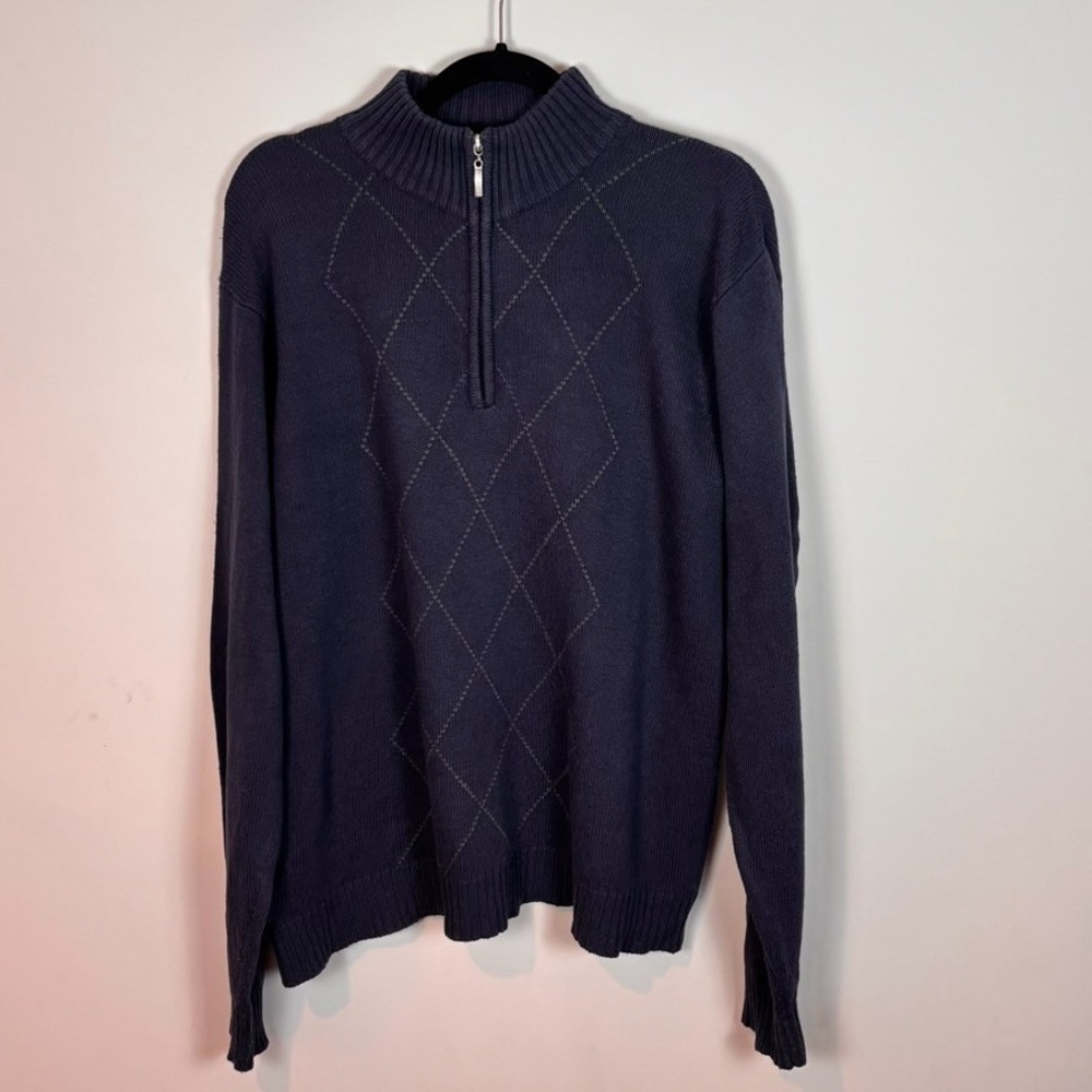 Oscar De La Renta 1/4 Zip Pullover Mens Sweater MED Blue Argyle Pattern Classic